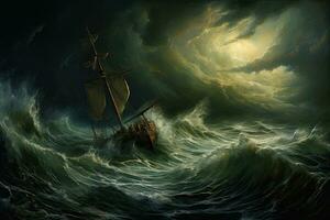 AI generated Pirate ship in stormy sea. 3D illustration. Fantasy, AI Generated photo