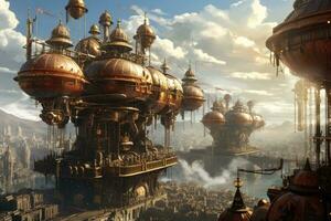 AI generated Fantasy alien city. 3D illustration. 3D CG. High resolution, An intriguing steampunk world with airships cruising amidst high-rises, AI Generated photo