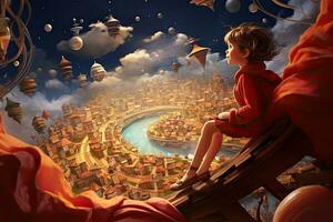 AI generated Fantasy scene with a boy sitting on a swing. 3d rendering, AI Generated photo