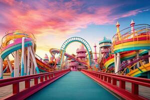 AI generated Amusement park in the sunset time. 3d rendering, AI Generated photo