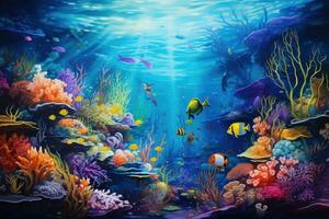 AI generated Underwater world with corals and tropical fish. 3d rendering, An underwater world, depicting the vibrant life beneath the sea, AI Generated photo