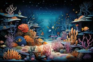 AI generated Underwater world with corals and tropical fish. Vector illustration, An underwater scene showcasing a myriad of sea creatures, AI Generated photo