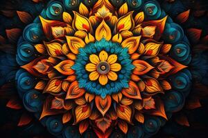 AI generated Abstract background with mandala. Psychedelic kaleidoscope, An intricate mandala with rich, contrasting colors, AI Generated photo