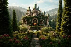 AI generated Magic castle in the forest. Fantastic fantasy landscape. 3d rendering, AI Generated photo