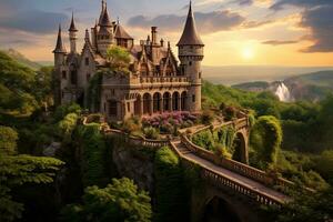 AI generated Beautiful castle in the mountains at sunset. Fantasy and fairy tale concept, AI Generated photo