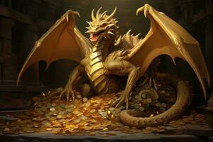 AI generated Dragon with gold coins, 3d rendering. Computer digital drawing, An imposing dragon guarding its hoard of golden treasures, AI Generated photo