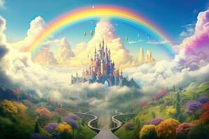 AI generated Magic Fairy Tale Landscape with Castle and Rainbow. 3D Rendering, AI Generated photo