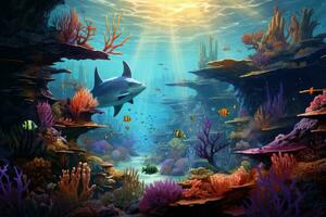 AI generated Underwater world with fish, corals and tropical fish. 3d rendering, An underwater world teeming with diverse marine life, AI Generated photo