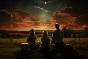 AI generated Happy family sitting in the field under the starry sky at sunset, A family of four stargazing in a rural setting, AI Generated photo