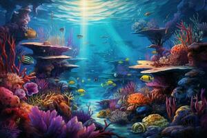 AI generated Underwater world with corals and tropical fish. 3D rendering, An underwater scene teeming with vibrant marine life, AI Generated photo