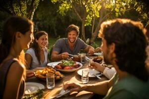 ai generado dibujos animados escena con personas teniendo cena en el bosque ilustración para niños, un familia reunión con un banquete juegos y risa, ai generado foto