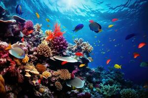 AI generated Underwater view of a tropical coral reef with colorful tropical fish, An undersea coral reef teeming with vibrant marine life, AI Generated photo