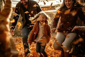 ai generado contento familia teniendo divertido en otoño parque. madre, padre y hija lanzamiento hojas, un familia rastrillar y saltando en pila de algo de otoño hojas, ai generado foto