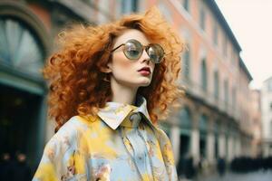 ai generado de moda pelirrojo niña con largo Rizado pelo en un amarillo Saco y Gafas de sol en el calle, un Moda entusiasta vistiendo último tendencias desde Milán Moda semana, ai generado foto