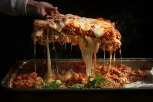 AI generated Close-up of a chef's hand cooking lasagna on a black background, A family-sized lasagna coming out of the oven, AI Generated photo