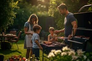 AI generated Happy family having barbecue party in garden at summer day. Father, mother and children having fun outdoors, A family preparing a barbecue in their backyard, AI Generated photo