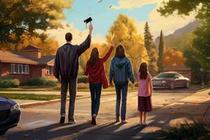 AI generated Composite image of students greeting each other in front of school, A family waving goodbye to their oldest child going off to college, AI Generated photo