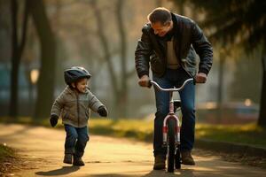 AI generated Father teaches his son to ride a bicycle in the park at sunset, A father teaching his son to ride a bike for the first time, AI Generated photo