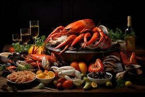 AI generated Still life with lobster and other seafood in a rustic style, A feast of seafood including crabs, mussels and shrimp, AI Generated photo