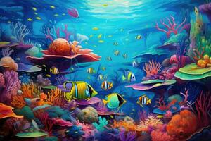 AI generated Underwater scene with coral reef and tropical fish. 3d illustration, An underwater world teeming with diverse marine life, AI Generated photo