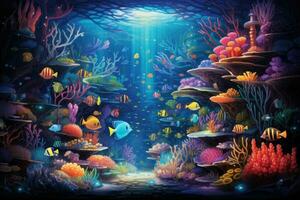 AI generated Underwater scene with corals and tropical fish. Underwater world, An underwater world teeming with diverse marine life, AI Generated photo