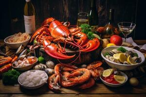 ai generado langosta en un de madera barril con Mariscos y vino en un oscuro fondo, un banquete de Mariscos incluso cangrejos, mejillones y camarón, ai generado foto