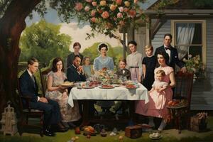 AI generated Beautiful young family with children sitting at the table in the garden, An illustration of a family gathering around a fireplace, AI Generated photo