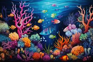 AI generated Underwater world. Underwater world. Underwater world. Vector illustration, An underwater scene filled with cute, smiling sea creatures and corals in vibrant colors, AI Generated photo