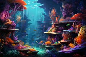 AI generated Underwater world with corals and tropical fish. 3D rendering, An underwater scene teeming with vibrant marine life, AI Generated photo