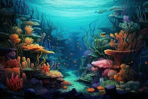 ai generado submarino mundo con corales y tropical pez. 3d representación, un submarino escena exhibiendo un miríada de mar criaturas, ai generado foto