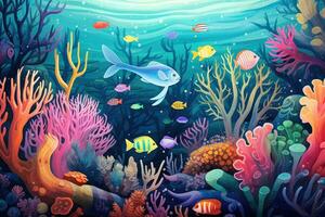 AI generated Underwater scene with fishes and coral reef. Cartoon vector illustration, An underwater scene filled with cute, smiling sea creatures and corals in vibrant colors, AI Generated photo