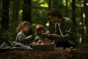 AI generated Happy family having picnic in the forest. Father, mother and children, A family having an organic picnic in a forest, AI Generated photo