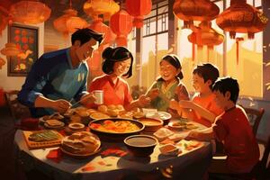 AI generated Chinese family dining in a traditional Chinese restaurant, closeup of photo, A family gathered around for a feast during Lunar New Year, AI Generated photo