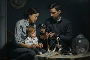 ai generado familia jugando con un perro en el oscuro habitación. padre, madre y hijo, un familia aprendizaje a cuidado para un nuevo cachorro, ai generado foto