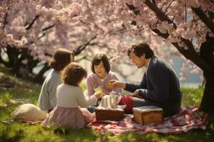 ai generado contento familia teniendo picnic en floreciente primavera jardín. madre, padre y niños sentado en césped y leyendo libros, un familia teniendo un picnic debajo un Cereza florecer árbol, ai generado foto