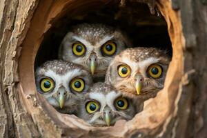 AI generated Portrait of three little owls in the hollow of a tree, A family of owls peering out from their tree hollow, AI Generated photo