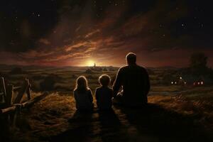 AI generated Christmas nativity scene with family at night. Little boy and girl sitting on the ground and looking at the starry sky, A family of four stargazing in a rural setting, AI Generated photo