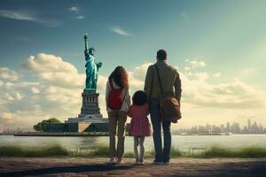 ai generado contento familia de Tres mirando a estatua de libertad en nuevo York ciudad, un familia de inmigrantes mirando a el estatua de libertad, ai generado foto