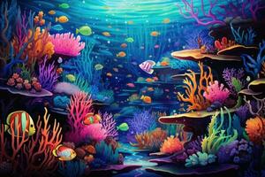 AI generated Underwater scene with corals and tropical fish. Underwater world, An underwater scene teeming with vibrant sea creatures, AI Generated photo