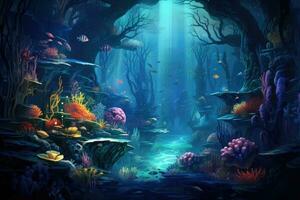 AI generated Underwater world with corals, fish and shark. 3d render, An underwater world teeming with diverse marine life, AI Generated photo