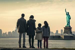 ai generado familia de cuatro acecho estatua de libertad en nuevo York ciudad, EE.UU, un familia de inmigrantes mirando a el estatua de libertad, ai generado foto