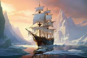 ai generado navegación Embarcacion en el Oceano a puesta de sol. 3d ilustración, un antiguo navegación Embarcacion navegando mediante imponente icebergs, ai generado foto