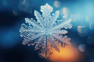 AI generated Snowflake on bokeh background. Christmas and New Year concept, An intricate close-up of a snowflake, AI Generated photo