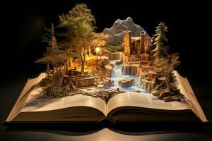 AI generated Open book with fairy tale forest on the background. Fantasy world, An open book with a story coming alive from its pages, AI Generated photo