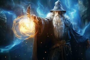 AI generated Old wizard with magic spell and fire in his hand. Fantasy, An old wizard casting a spell, with magical energy swirling around him, AI Generated photo