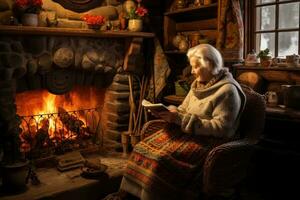 AI generated Elderly woman with her grandchildren sitting by the fireplace at home, An older woman knitting by the fireplace inside a cozy log cabin, AI Generated photo