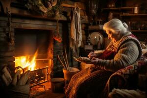 AI generated Elderly woman reading a book in front of the fireplace, An older woman knitting by the fireplace inside a cozy log cabin, AI Generated photo