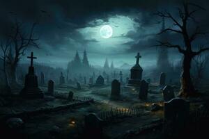 AI generated Spooky graveyard at night with full moon. Halloween concept. 3D rendering, An ominous, haunting graveyard under the full moon's light, AI Generated photo