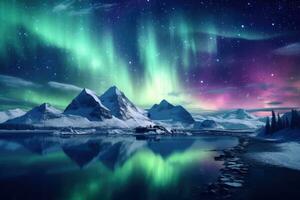 AI generated Aurora borealis in the night sky over mountains and lake, An icy and frosty texture of a snowflake, AI Generated photo