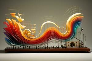 ai generado música jugador con vistoso sonido ola en gris antecedentes. 3d ilustración, un imaginativo visual representación de sonido olas desde diferente musical instrumentos, ai generado foto